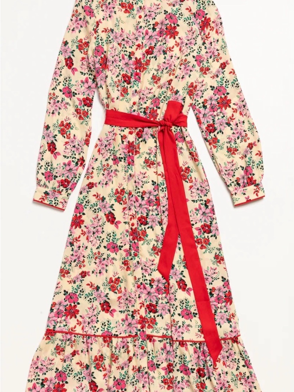 Cream Floral Long-Sleeve Midi Dress with Red Sash